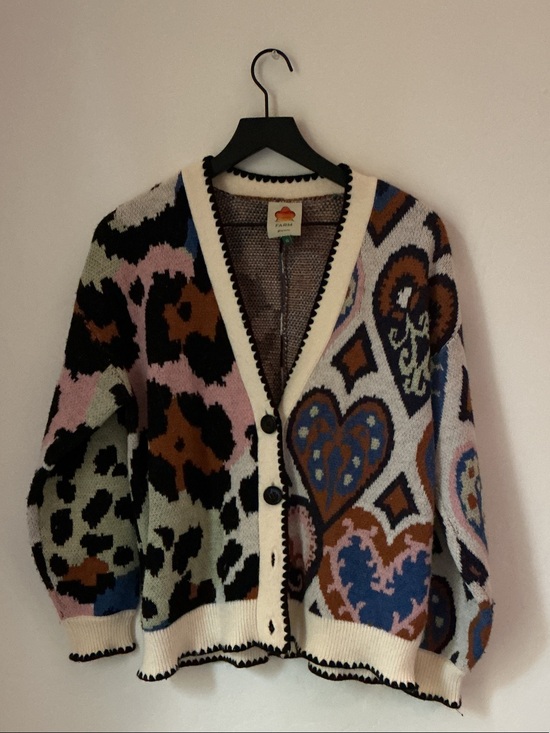FARM Rio Sweaters - FARM Rio Heart & Leopard Multicolor V‑Neck Cardigan — Cream Trim